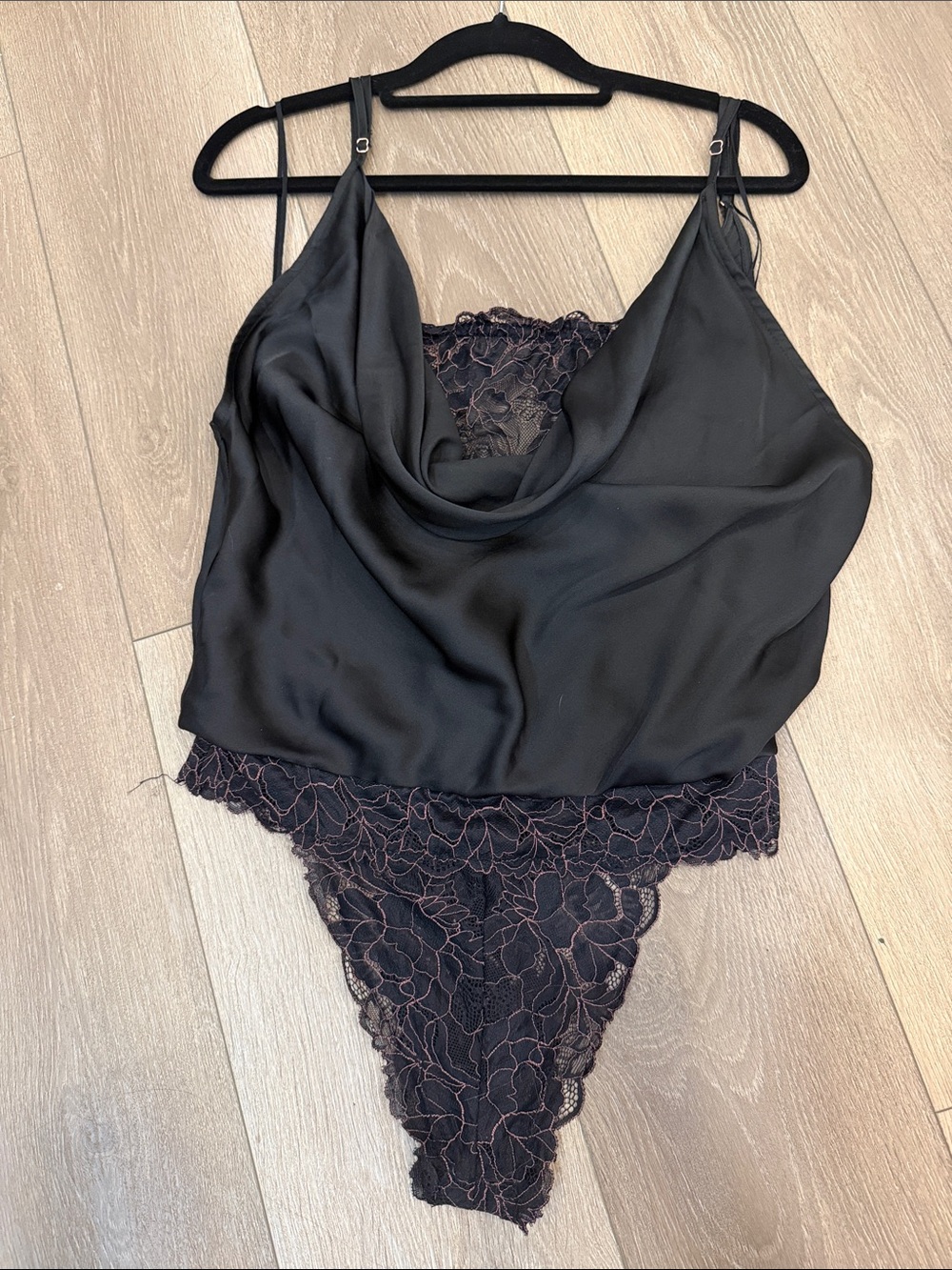 Free People Black Lace-Trim Cowl Neck Satin Bodysuit